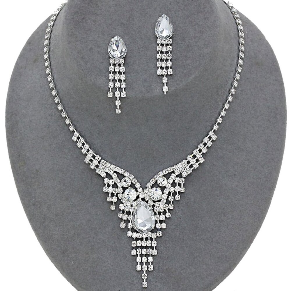 Silver Crystal Rhinestone Necklace Set Teardrop Prom Wedding Formal